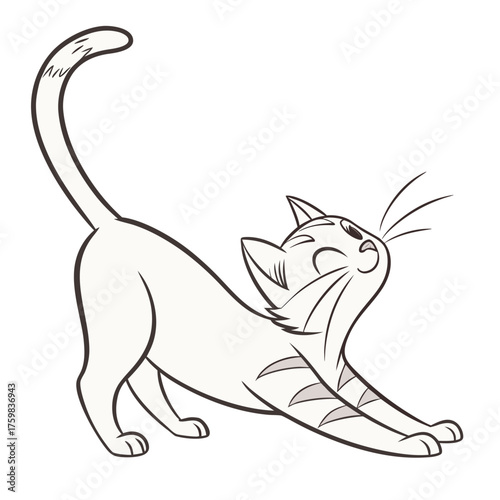 Cartoon Style Cat Stretching and Yawning Line Art Vector Illustration
