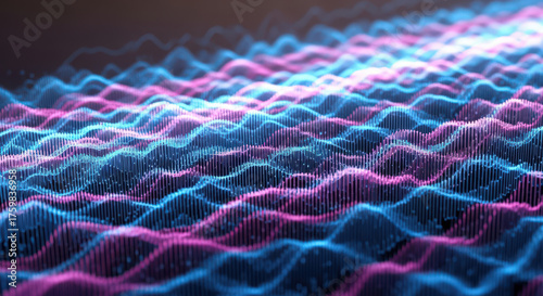 Abstract Visualization of Data Waves with Intertwined Pink and Blue Lines Creating a Dynamic and Modern Background for Technology and Science Concepts