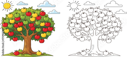Cartoon Apple Tree with Red, Green, and Yellow Apples, Plus Coloring Page Outline. Perfect for Kids' Activities and Education.