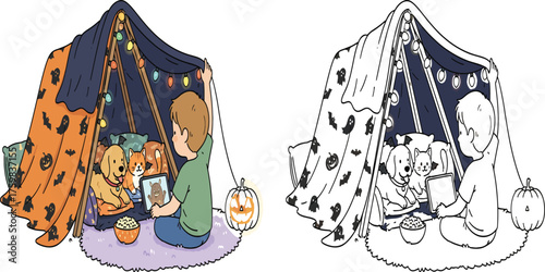 Cozy Halloween Blanket Fort Fun: Boy, Dog, and Cat Watching Movie with Popcorn - Ideal for Autumn and Kids' Activities