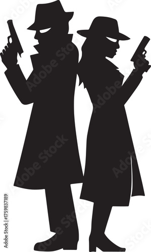PrintSilhouette of two detectives in trench coats holding guns