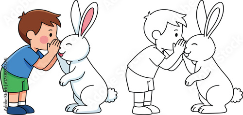 ute little boy whispering secret to adorable bunny, friendship and imagination concept illustration with colored and black-and-white versions, perfect for kids coloring and learning fun