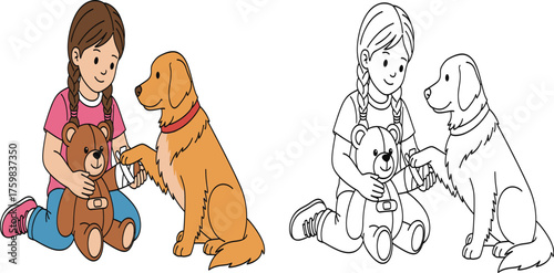 Cute little girl playing with her teddy bear and friendly golden retriever dog, fun friendship moment illustration with colored and black-and-white versions, kids coloring page concept