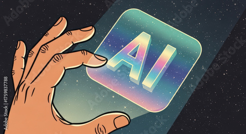 Artificial Intelligence Conceptual Illustration A Hand Reaching for an AI Icon Against a Starry Background Symbolizing Innovation and the Future of Technology