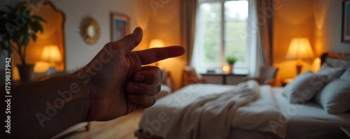 Close-up shot of a finger playfully pointing towards a cozy bedroom, suggesting a sense of intimacy and comfort , day, wall, window