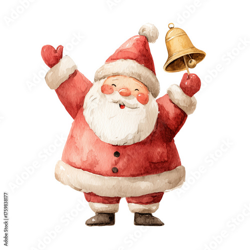 Santa Claus joyfully ringing a bell in a cheerful winter scene painted with watercolors