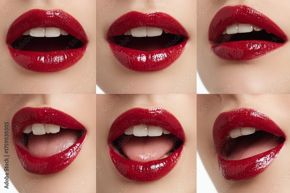 Obraz premium Close-up collage showing female red lips with glossy lipstick in different expressions