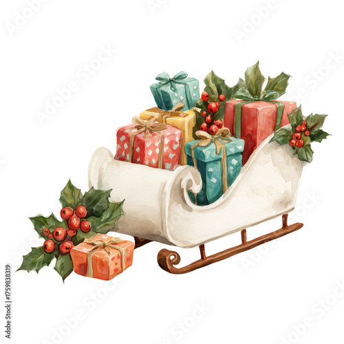 Christmas sleigh filled with colorful presents and festive greenery in a cheerful watercolor style