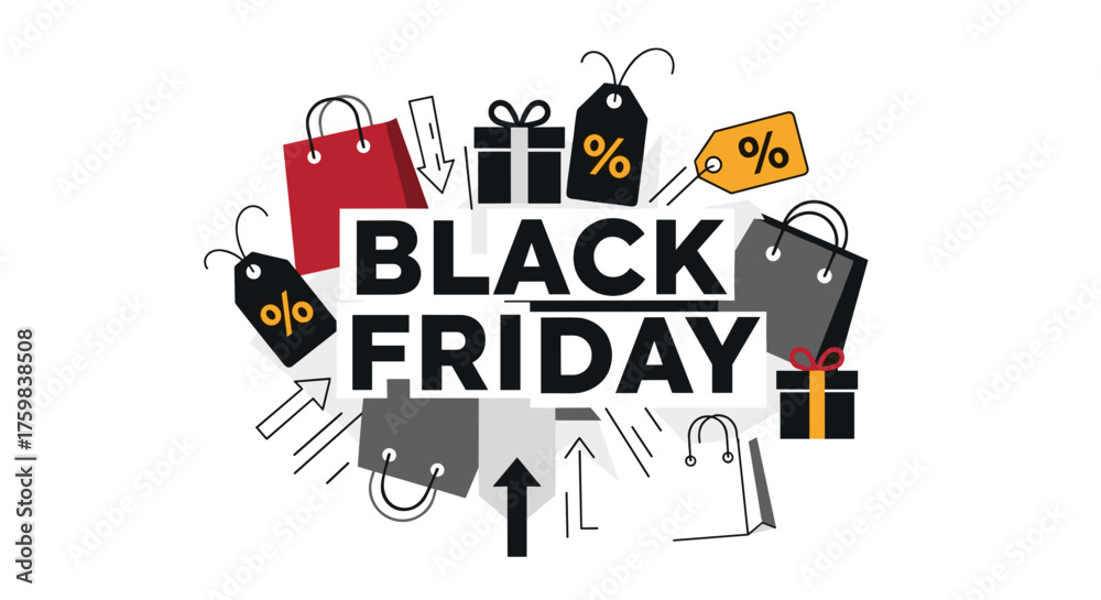 Fototapeta premium Black Friday sale promotion graphic with shopping bags and discount symbols