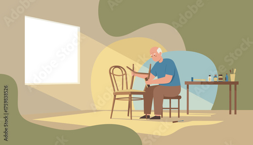 Senior man happily repairing a wooden chair a skilled hobbyist at work