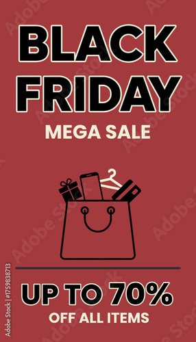 Black Friday Mega Sale banner with shopping bag gift smartphone credit cards Up to 70 off