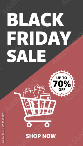 Black Friday Sale banner with shopping cart gifts credit card and 70 off discount