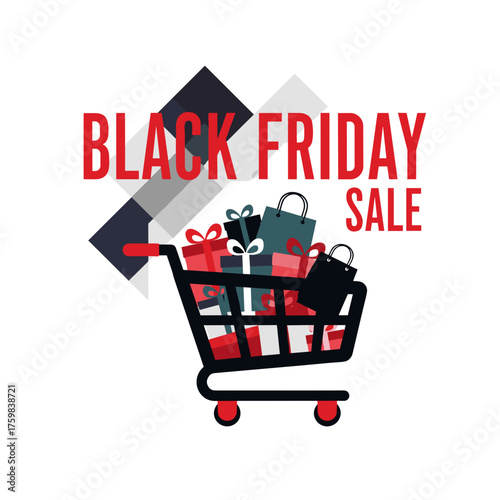 Black Friday Sale graphic with shopping cart full of gifts and retail bags