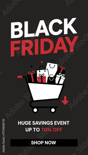 Black Friday shopping cart filled with gifts and bags promoting huge savings event up to 70 off