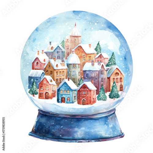 Winter village scene inside glass globe with colorful houses and snow covered trees in watercolor style