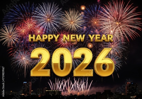 Happy new year 2026 festive fireworks display celebration event exciting evening sky