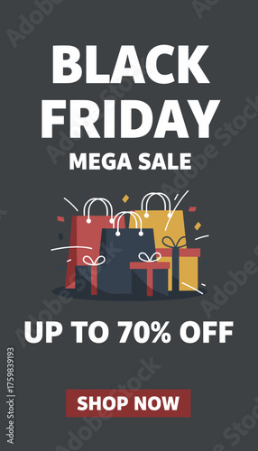 Black Friday Mega Sale Shopping bags gifts and up to 70 off Perfect for retail promotions