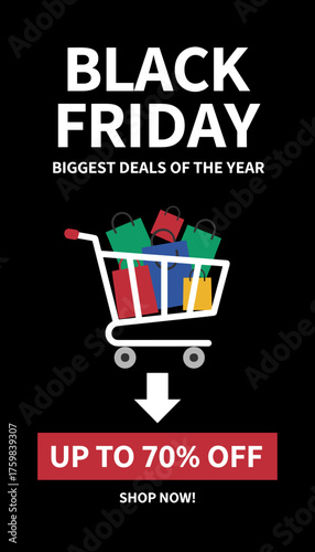 Black Friday sales with shopping cart full of bags and big discounts for commerce and retail