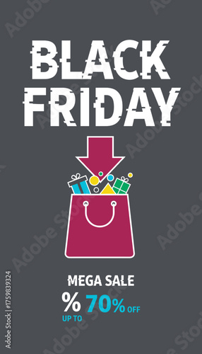 Black Friday Mega Sale with glitch text shopping bag and gifts Up to 70 off promotion