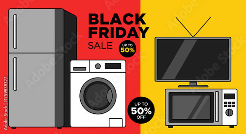 Black Friday sale banner with appliances refrigerator washer TV microwave Up to 50 off
