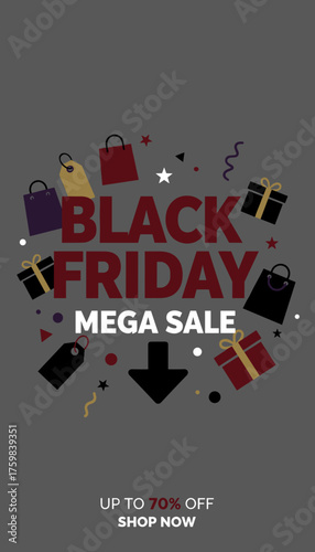 Black Friday Mega Sale graphic with shopping bags gifts and discounts Up to 70 off Shop now