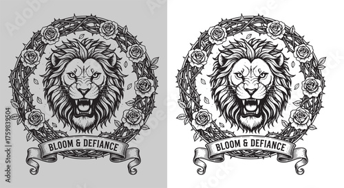 Roaring Lion Head with Rose and Thorn Wreath in Engraving Style with "Bloom & Defiance" Banner