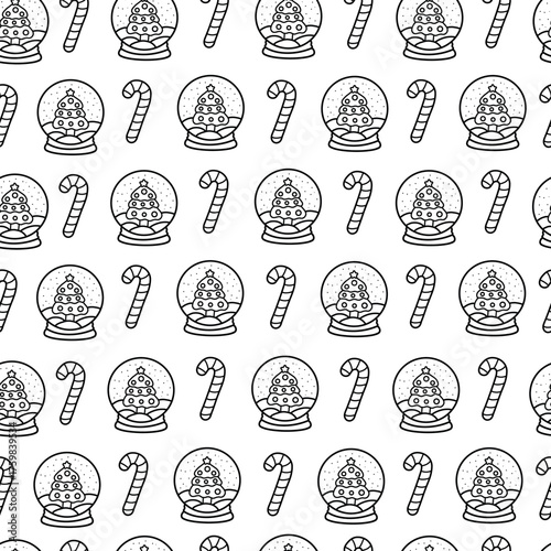 Coloring page with Christmas pattern with snow globe and candy cane. Seamless vector holiday background.