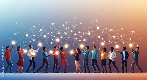 A diverse group of people holding glowing light bulbs that are interconnected, symbolizing collective ideas and innovation.