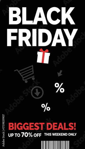 Black Friday sale graphic highlighting big discounts shopping cart and gift for retail promotions