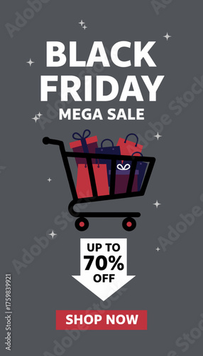 Black Friday Mega Sale with shopping cart full of gifts and up to 70 off discount