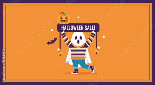 Friendly ghost announces a festive Halloween Sale Ideal for seasonal retail promotions discounts and holiday marketing