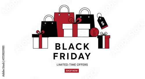 Black Friday sale banner with shopping bags gift boxes and limitedtime offers Shop now concept
