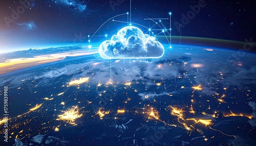 Digital Cloud Computing Technology Connecting Global Network Over Earth at Sunrise with Glowing City Lights and Data Connections