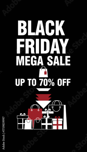 Black Friday Mega Sale graphic up to 70 off on shopping bags and gift boxes Retail promotion