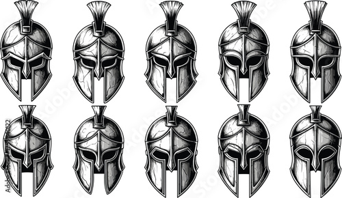 Ancient warrior helmet vector set, Roman Greek armor illustration, historical battle gear, metallic crest design, classical military headwear, stock art