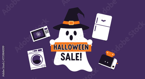 Cute ghost in a witch hat holds a Halloween Sale sign with themed appliances Perfect for holiday shopping promotions