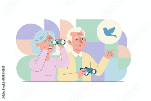 Happy senior couple birdwatching with binoculars enjoying nature Active retirement lifestyle hobby