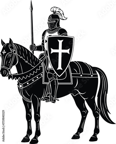 Medieval knight silhouette on armored horse, crusader warrior with shield and spear, historical battle scene, chivalry, Christian symbolism, vector illustration
