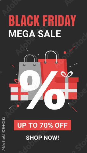 Black Friday Mega Sale banner with shopping bags gifts and a large percentage symbol for discounts