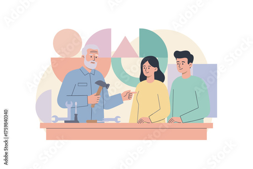 Experienced tradesman advises a young couple on home repairs and DIY projects