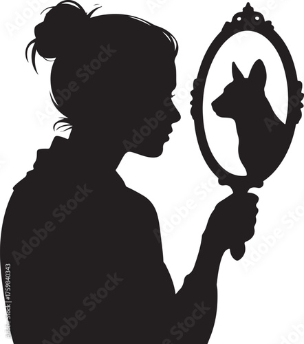 Woman s silhouette gazing into mirror reflecting a dog illusion