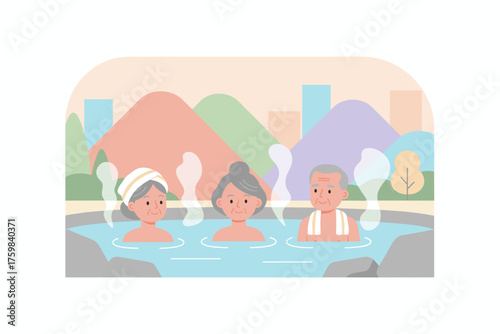 Happy elderly people enjoying a relaxing hot spring bath with scenic views Wellness and leisure