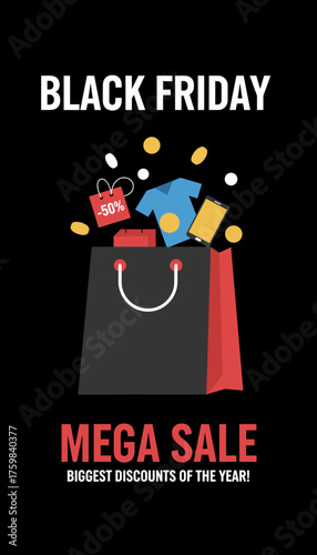 Black Friday Mega Sale graphic with shopping bag discount tag and products Retail ecommerce