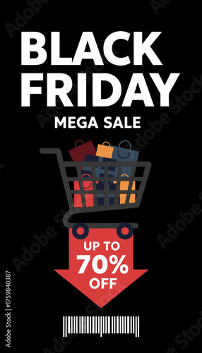Black Friday Mega Sale banner with shopping cart bags and 70 off discount Ideal for promotions