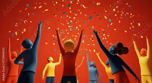 A diverse group of colorful stylized figures celebrating success with arms raised under falling confetti.