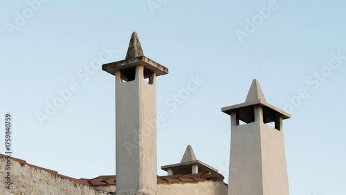 Traditional whitewashed chimneys on a rooftop under a clear blue sky, minimalist Mediterranean architecture in soft evening light.