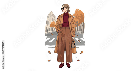 Modern Fall Layering Outfit Vector Illustration.Vector illustration of woman wearing oversized trench coat and turtleneck sweater, trendy fall outfit with warm caramel and burgundy tones, autumn fashi
