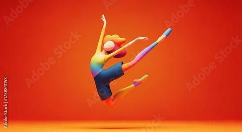 Vibrant 3D illustration of a joyful woman in a dynamic mid-air dance pose against a bright orange backdrop.