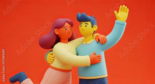 A colorful 3D illustration of a friendly couple hugging and waving against a solid red background.
