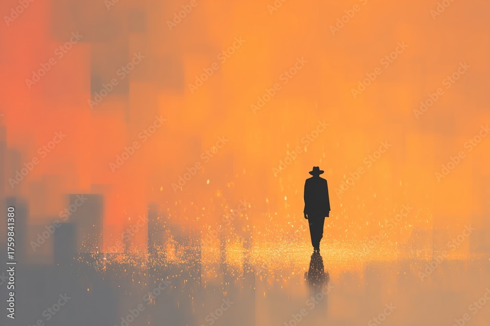 Fototapeta premium Mysterious figure walks alone against a vibrant sunset backdrop in an urban setting at dusk